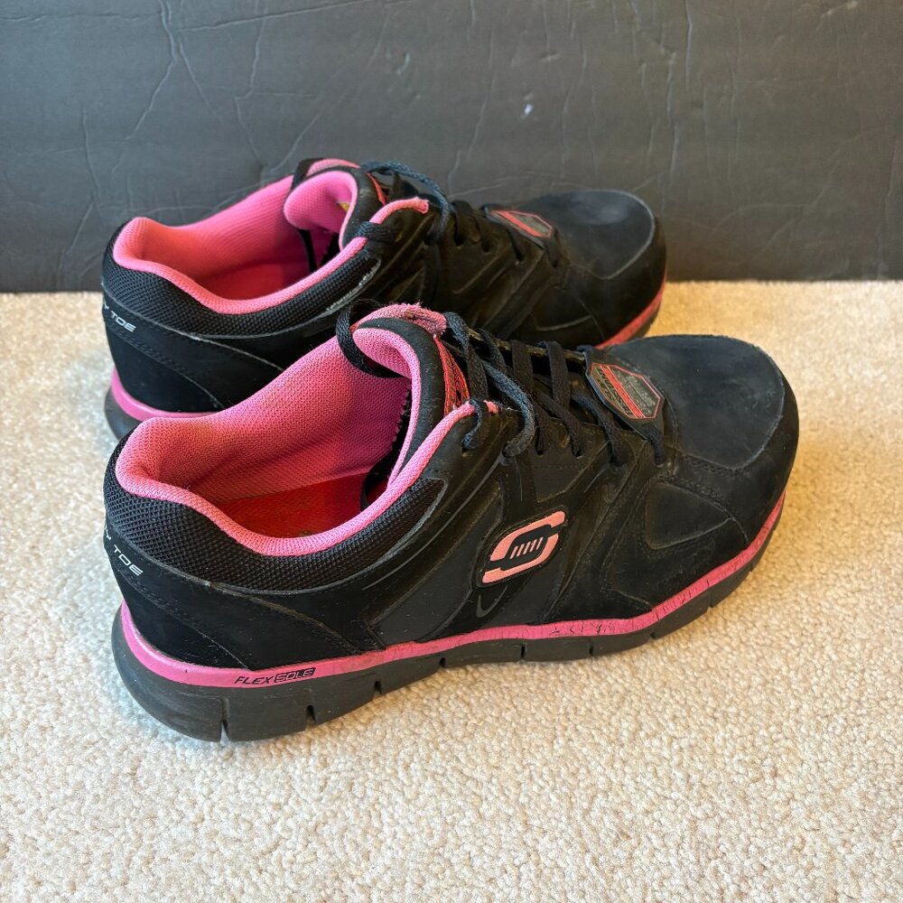 Skechers Flex Sole Women's Work Shoes Size 10 Alloy Toe Black Pink 76553EW